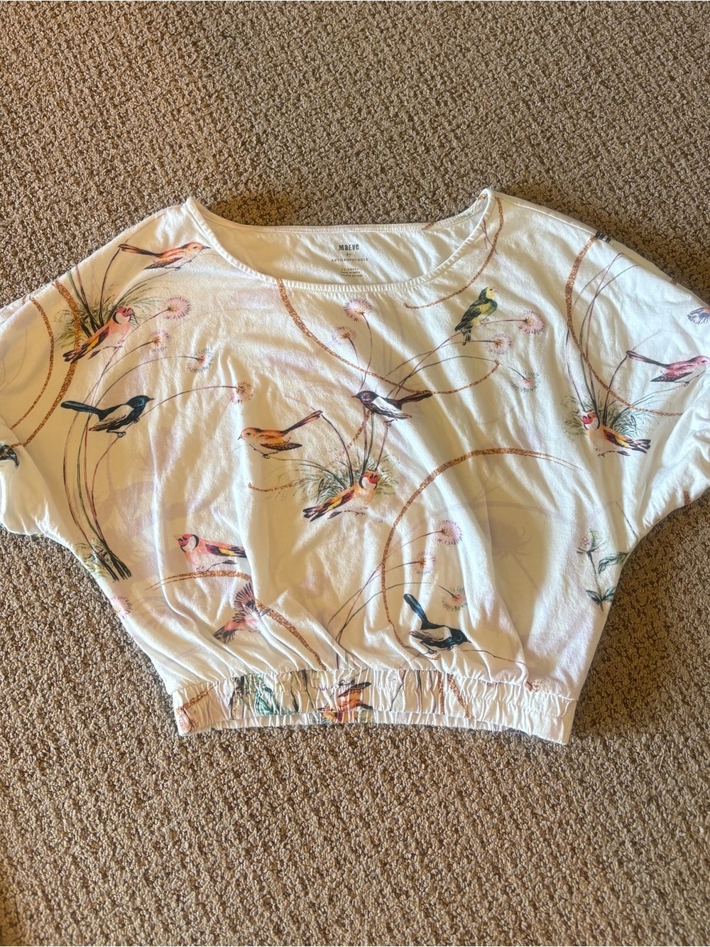 Anthropologie Maeve White Cropped Tee with Multicolor Bird Print